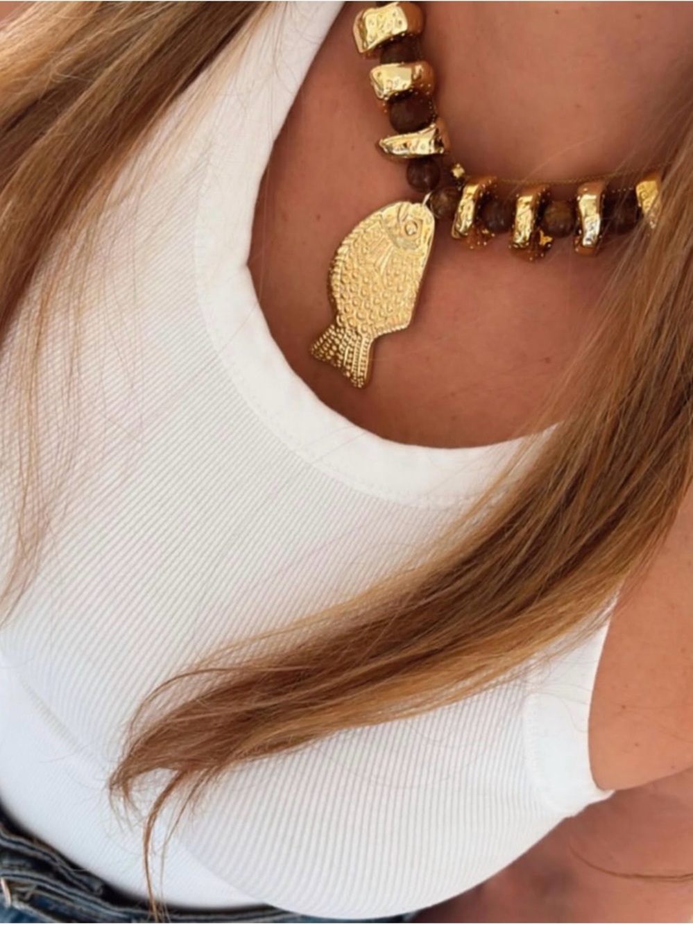 NWOT Gold Fish Pendant Necklace - Gold and Brown Statement Necklace